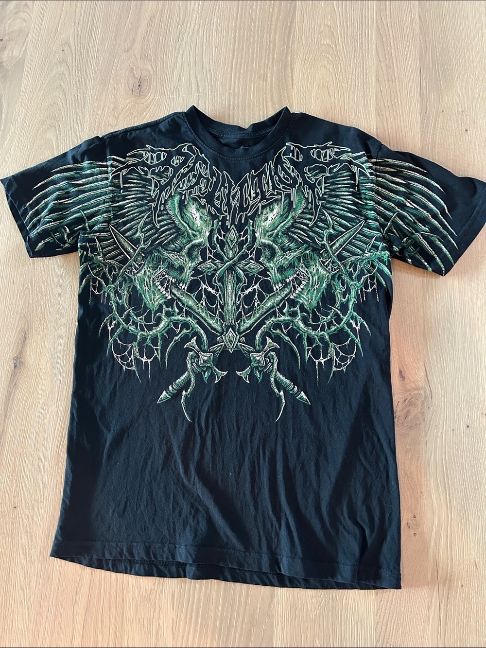 Affliction Black Tee with Green Winged Skull Graphic